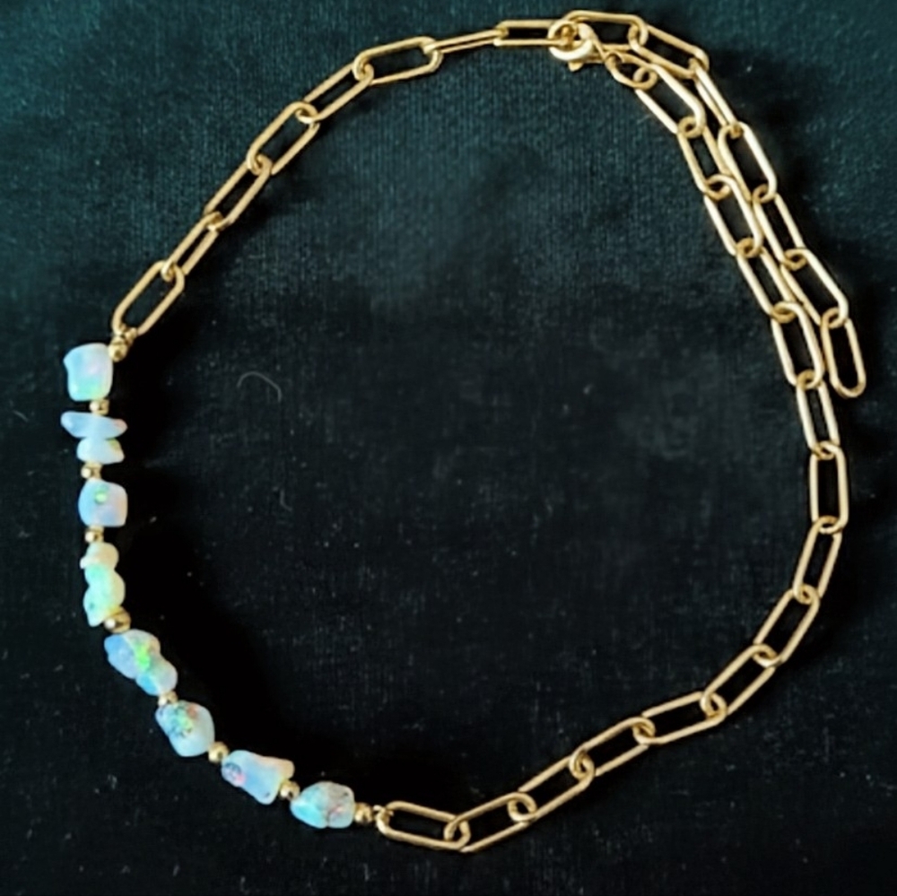 Nature's Rainbow White Opal In Free Form & Raw Gold Plated Paperclip Necklace​